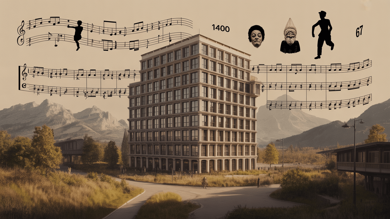Bâtiment stylisé du Conservatoire Pau-Béarn-Pyrénées avec chiffres élèves et enseignants