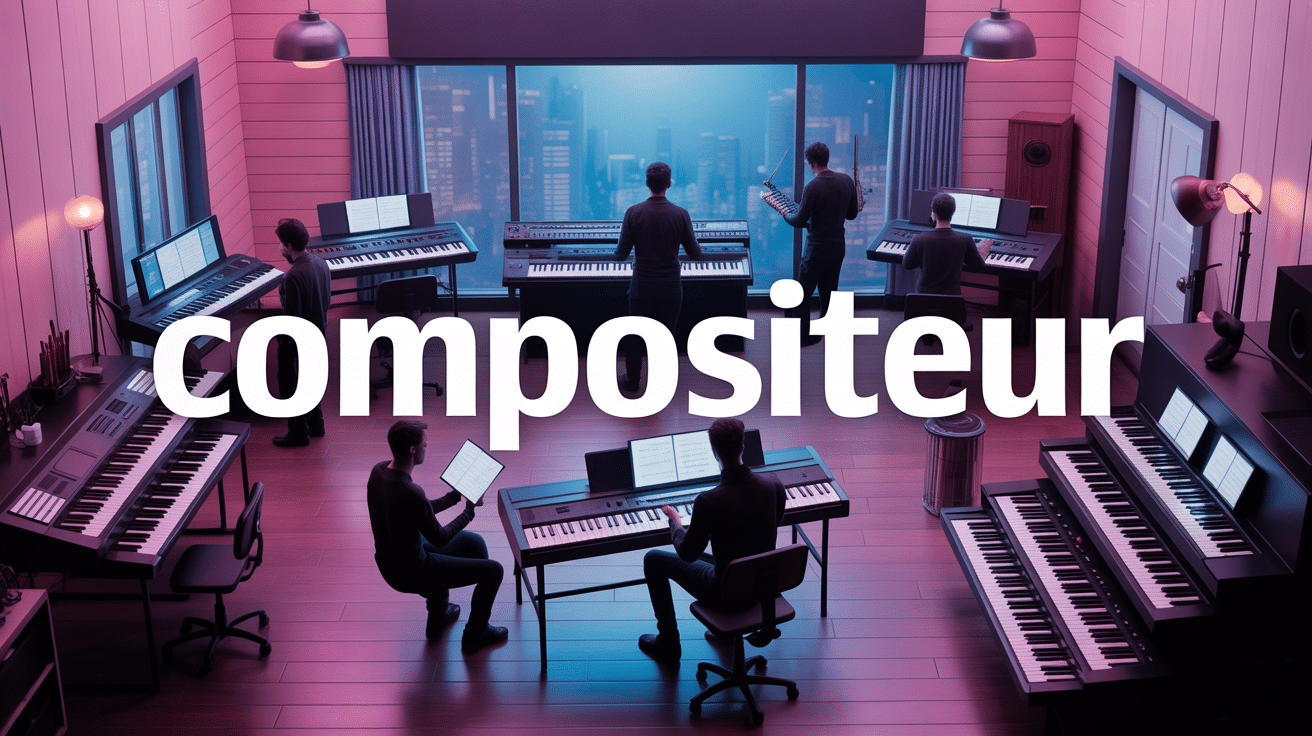 Studio musique moderne avec compositeur, ambiance créative