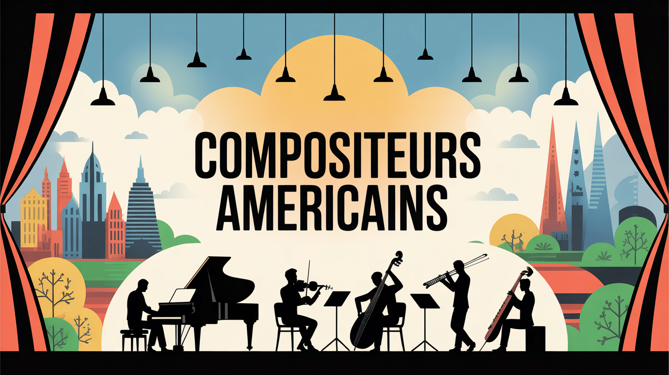scène orchestre compositeurs americains silhouettes instruments villes