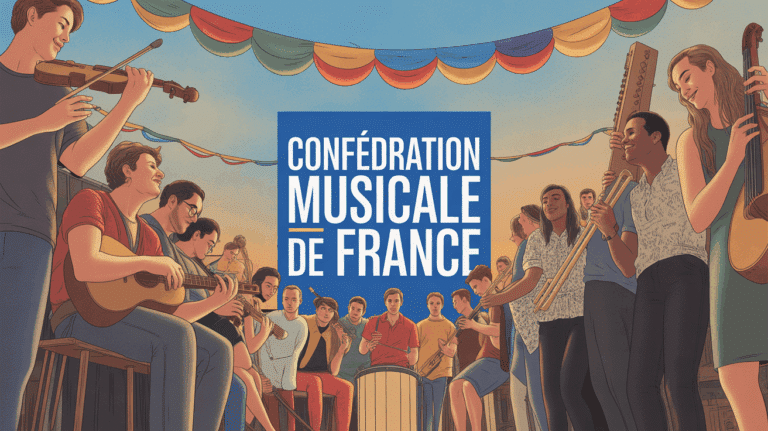 Illustration personnes instruments devant banniere Confederation Musicale de France
