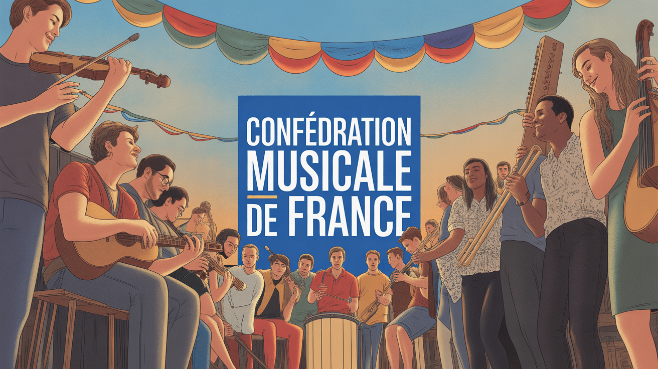 Illustration personnes instruments devant banniere Confederation Musicale de France