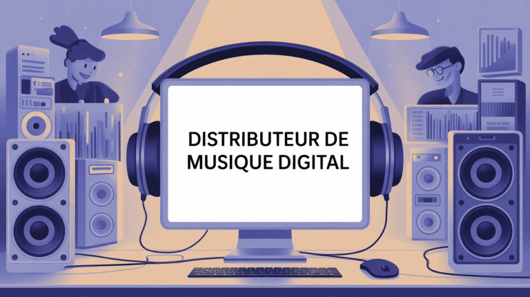 Illustration distributeur de musique digital ordinateur casques plateformes