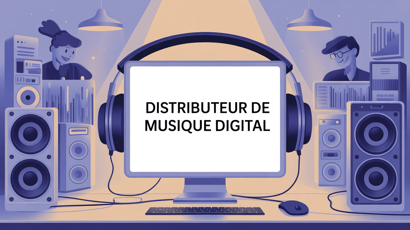 Illustration distributeur de musique digital ordinateur casques plateformes