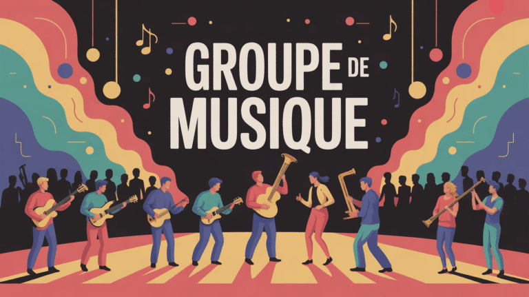 Scène musiciens sur estrade, mot groupe de musique, ambiance dynamique