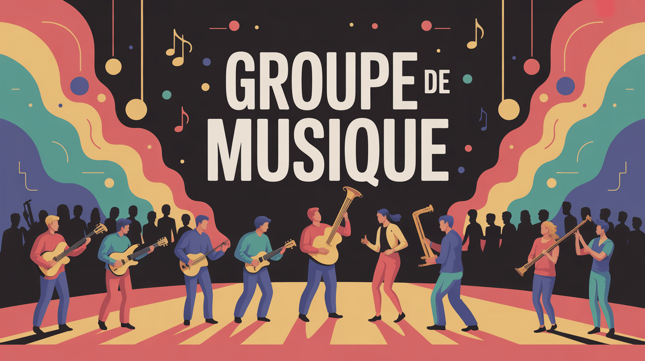 Scène musiciens sur estrade, mot groupe de musique, ambiance dynamique