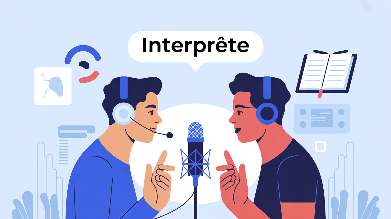 illustration interprete dialoguant micro casque notes