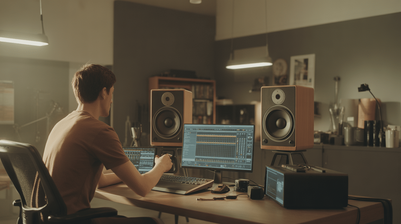 Ingénieur du son installe matériel audio studio