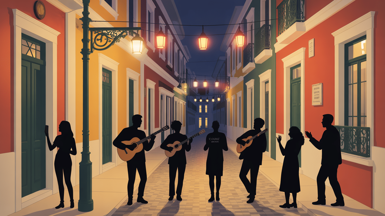 Illustration ruelle musique portugaise, guitare et chants nocturnes