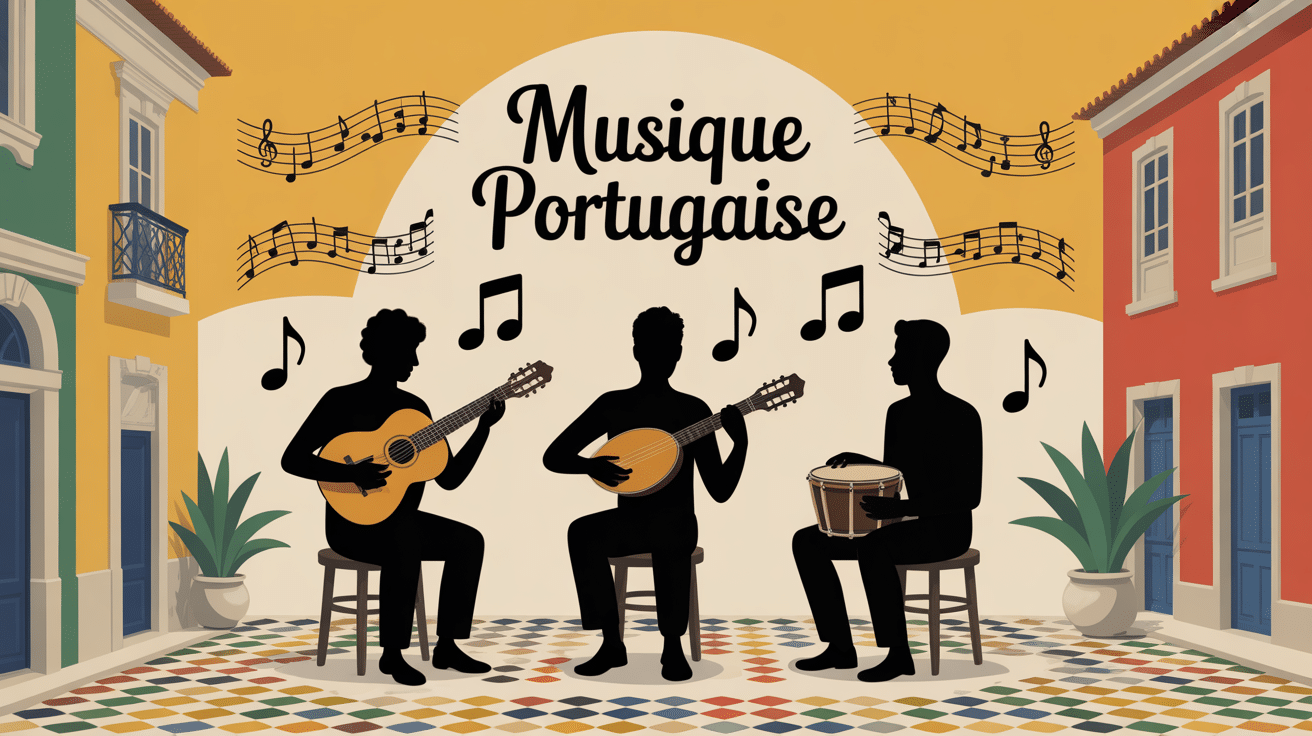 Scène stylisée musique portugaise avec guitare, cavaquinho et tambourin