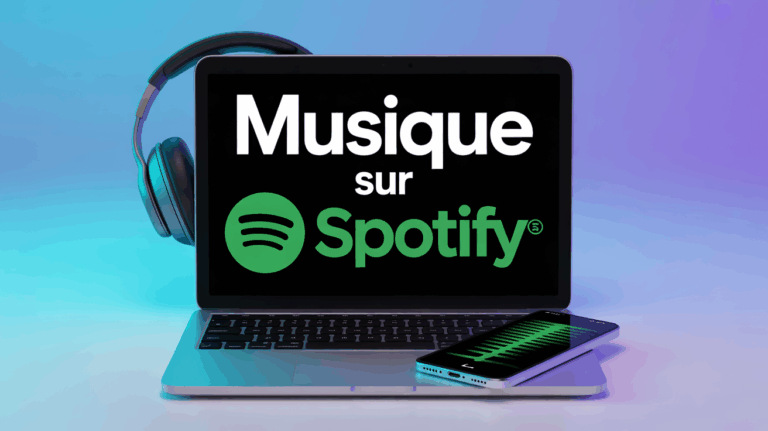 Scène ordinateur portable casque smartphone musique sur Spotify