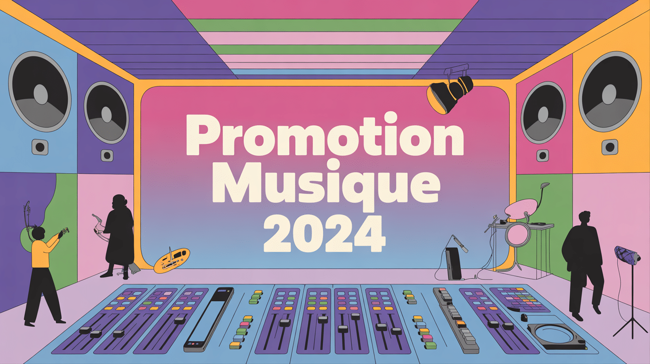 Promotion musique 2024 fond studio moderne et réseaux sociaux