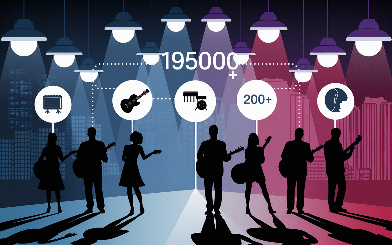 Interface application profils musiciens, chiffres membres, ambiance conviviale