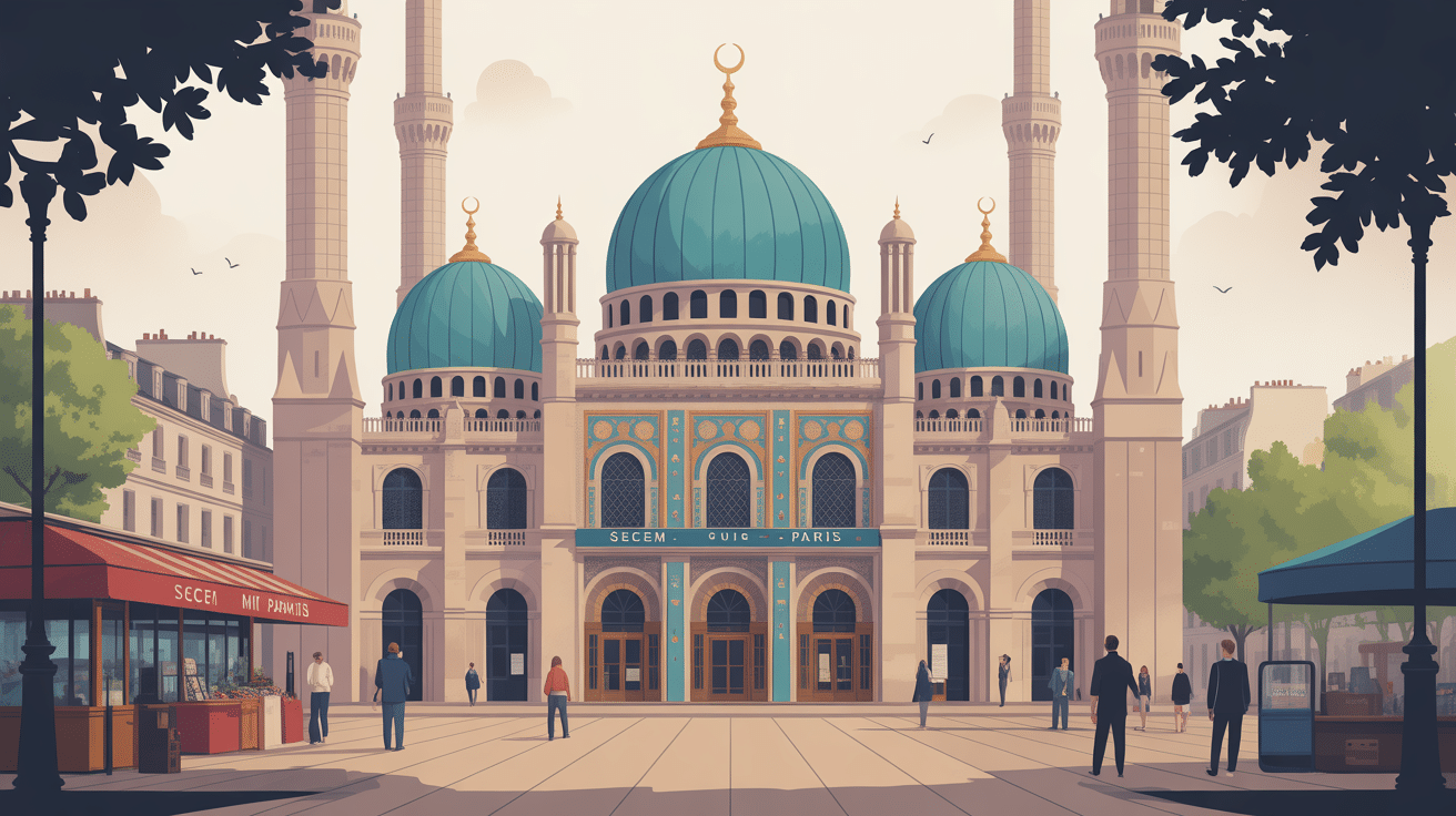 Illustration stylisée de la SECEM Paris sur la facade de la Grande Mosquée