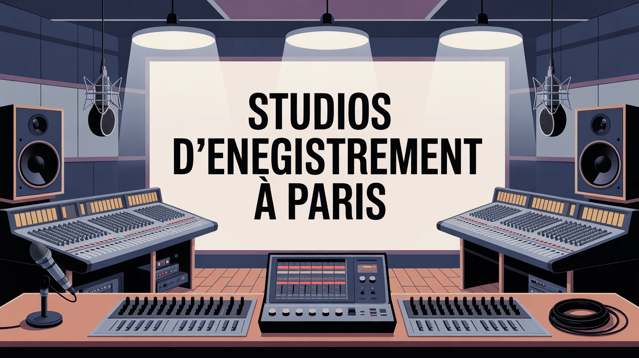 Studio d'enregistrement moderne à Paris, consoles audio et micros