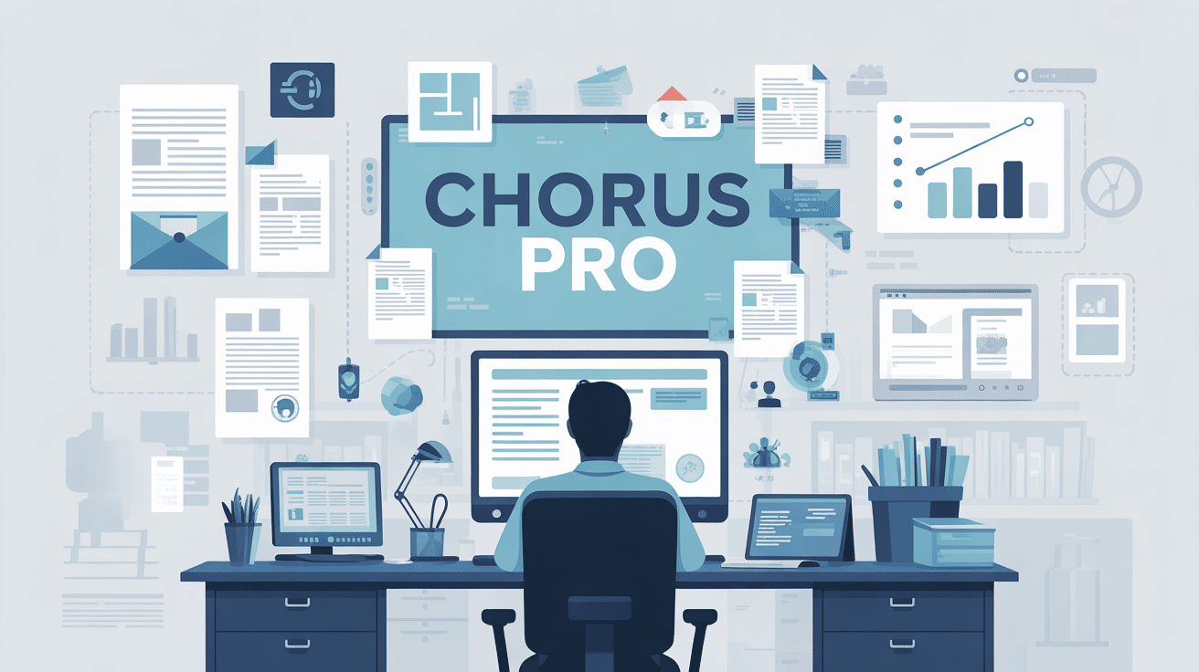 Illustration de creation compte Chorus Pro, bureau et documents numeriques