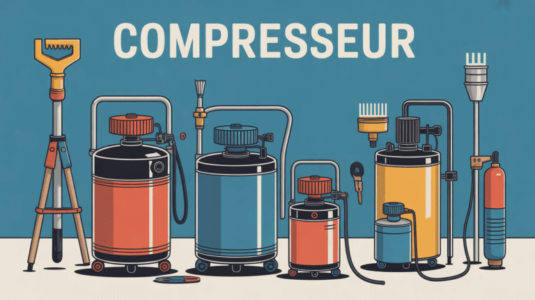 Illustration de compresseurs et outils air comprimé dans atelier moderne