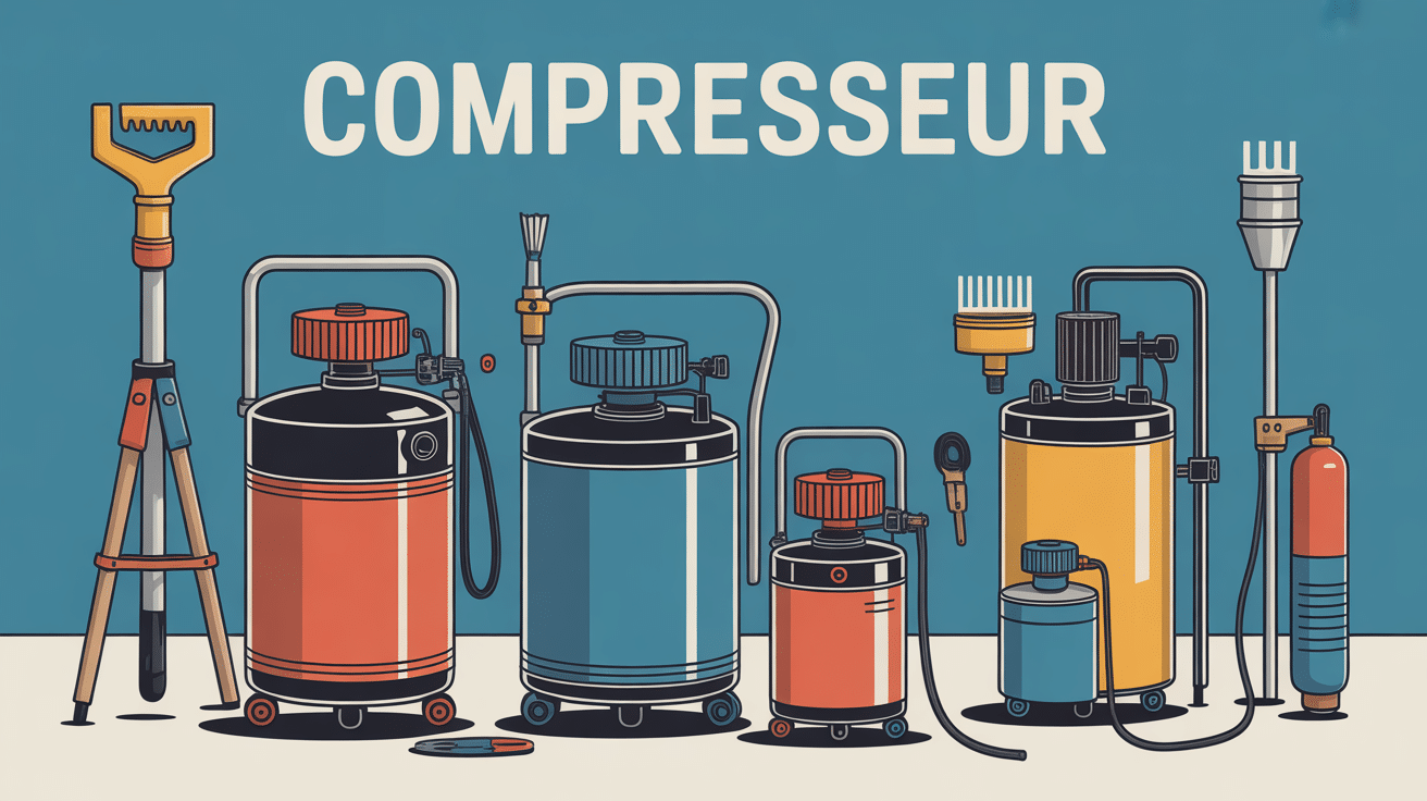 Illustration de compresseurs et outils air comprimé dans atelier moderne