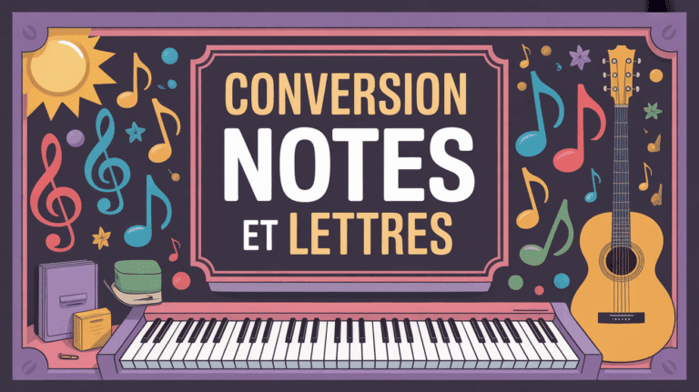 Tableau conversion notes françaises et lettres, instruments en fond
