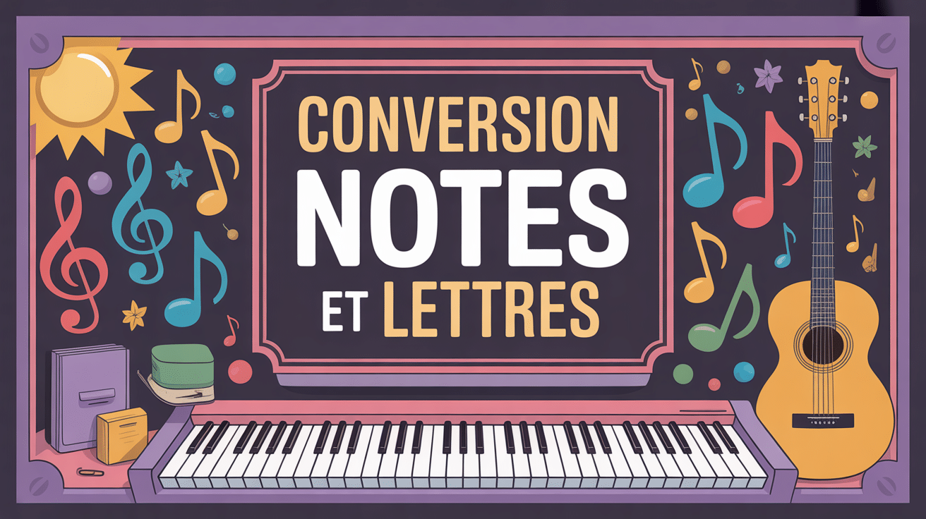 Tableau conversion notes françaises et lettres, instruments en fond