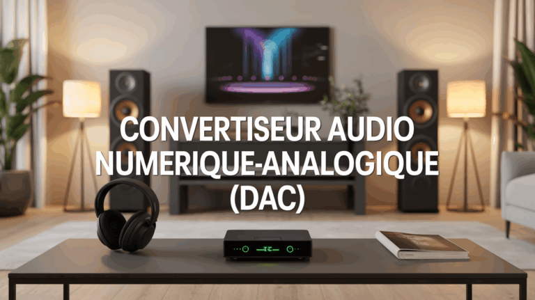 Convertisseur audio numerique analogique DAC sur table avec casque et enceintes