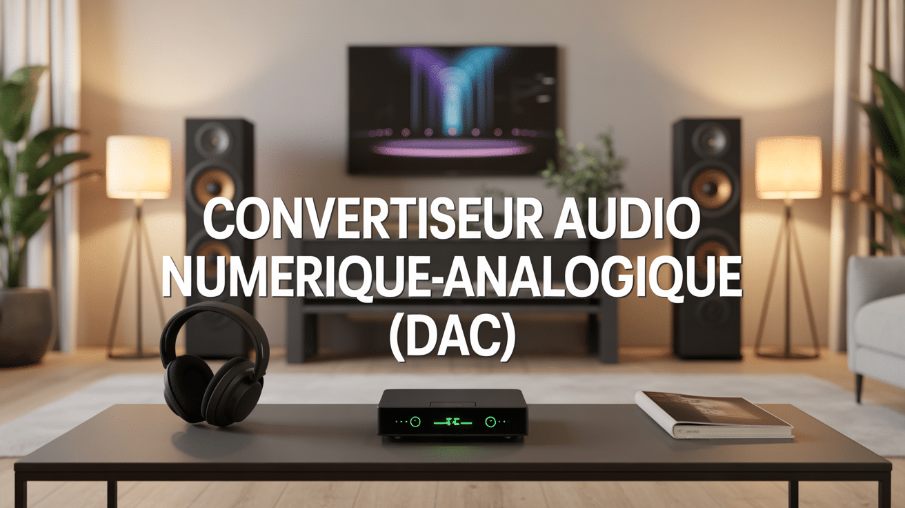 Convertisseur audio numerique analogique DAC sur table avec casque et enceintes