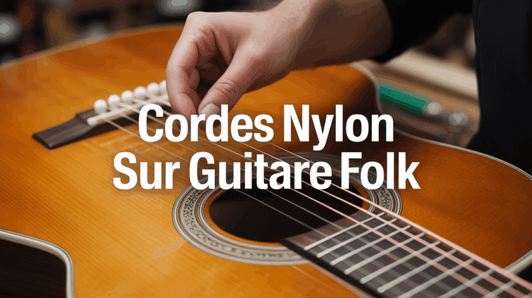 main posant cordes nylon sur guitare folk
