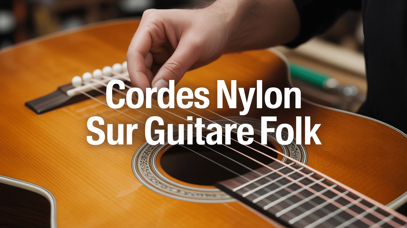 main posant cordes nylon sur guitare folk