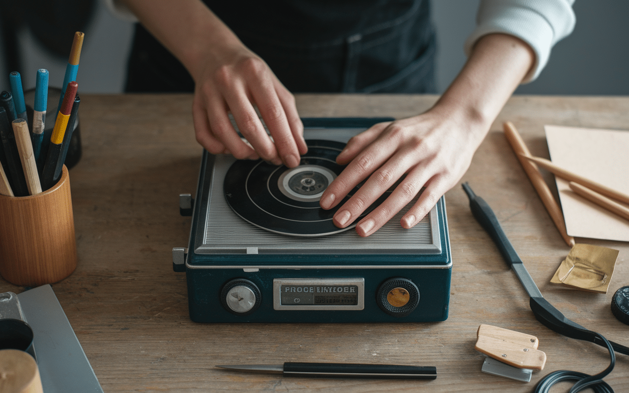 Tourne disque La Voix de son Maître réparation atelier outils