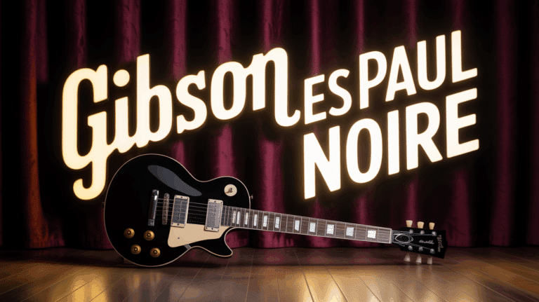 gibson les paul noire sur support bois lumiere chaude