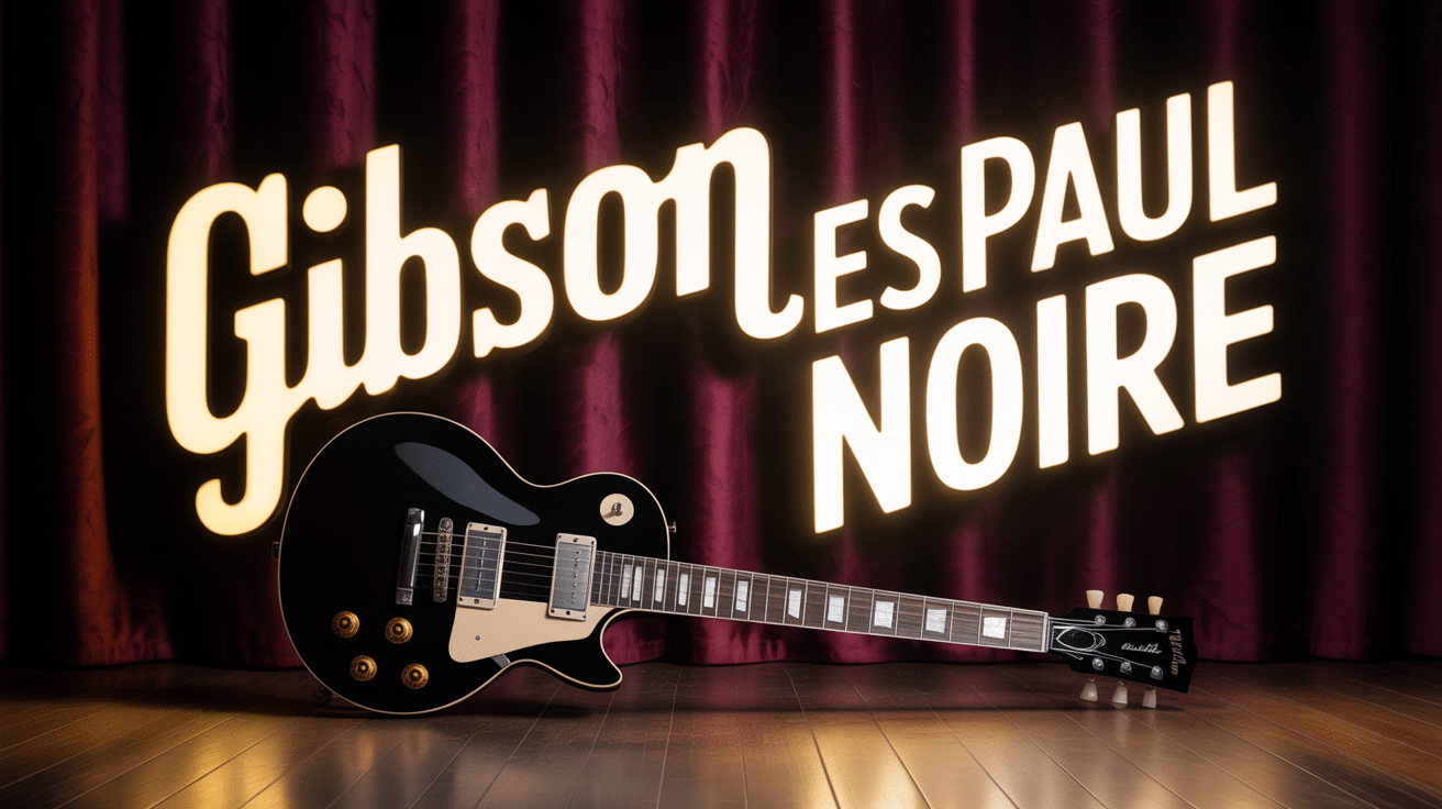 gibson les paul noire sur support bois lumiere chaude