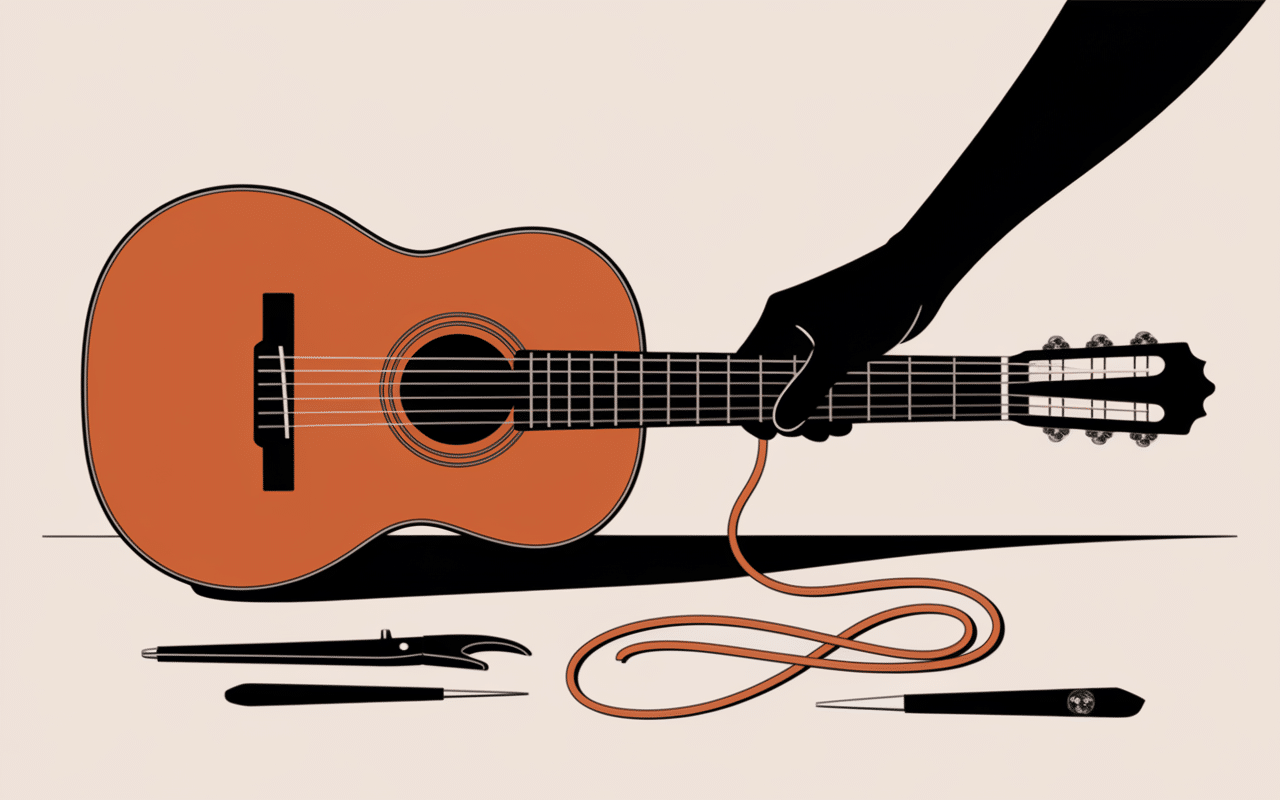 mise en place corde nylon bouclee guitare folk