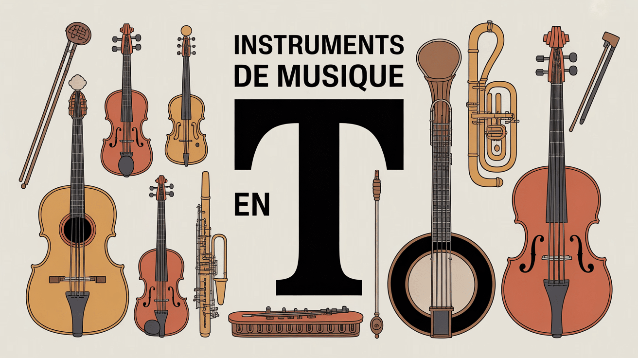 Illustration instruments musique lettre T fond uni