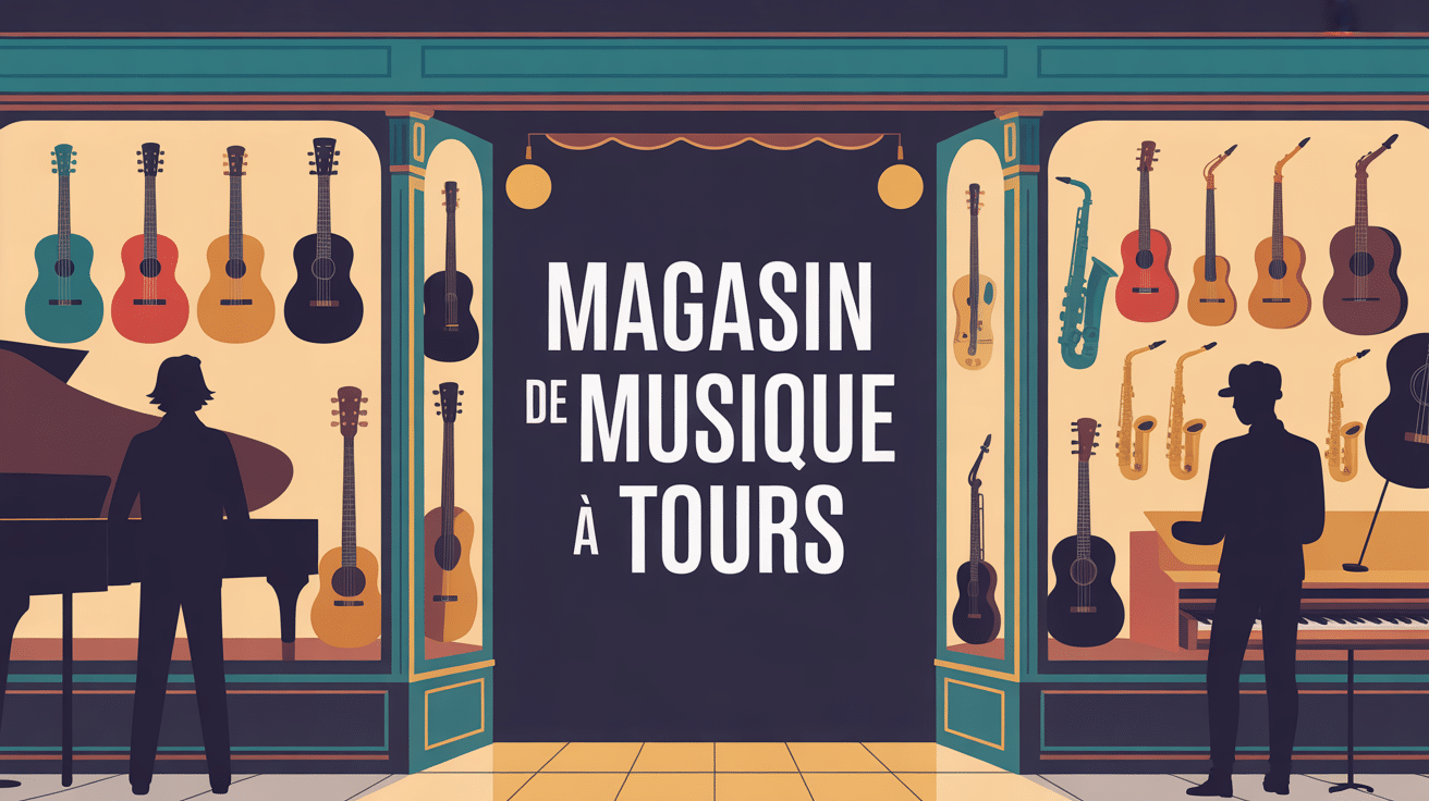devanture magasin de musique tours avec instruments et musiciens