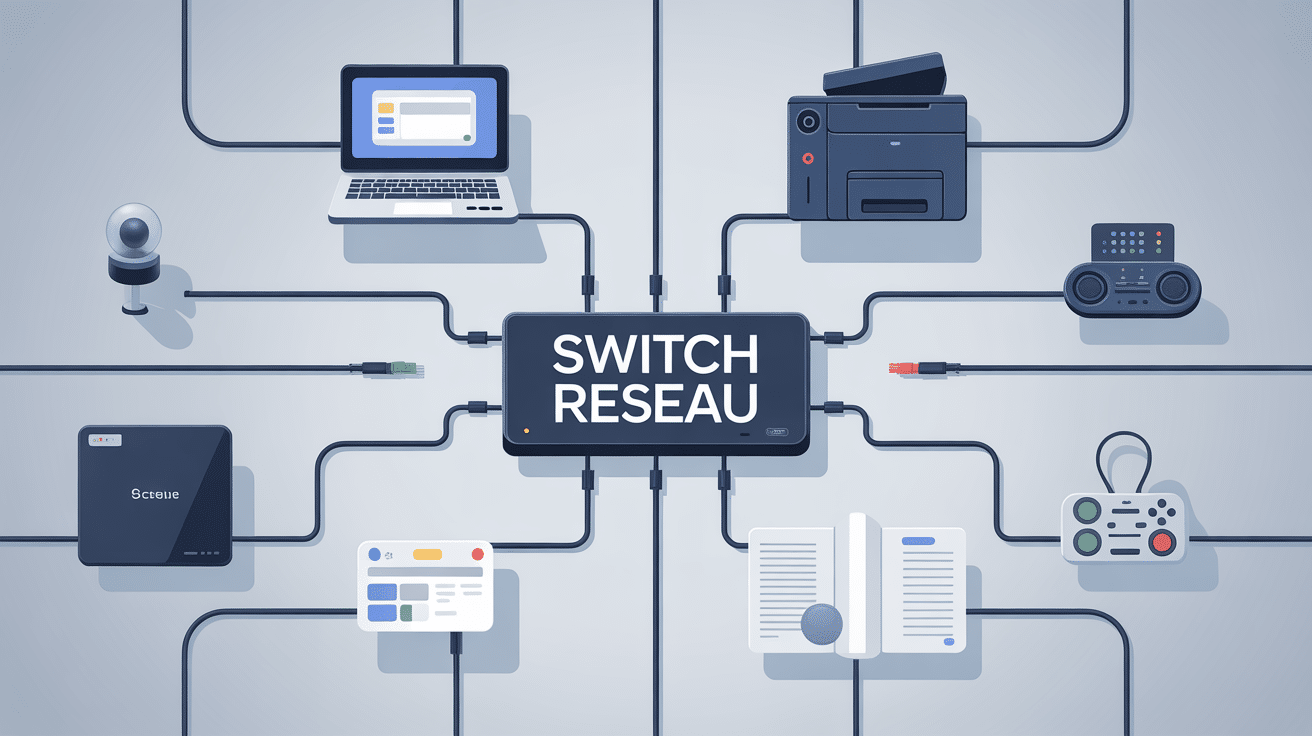 switch reseau relie ordinateurs imprimante console box