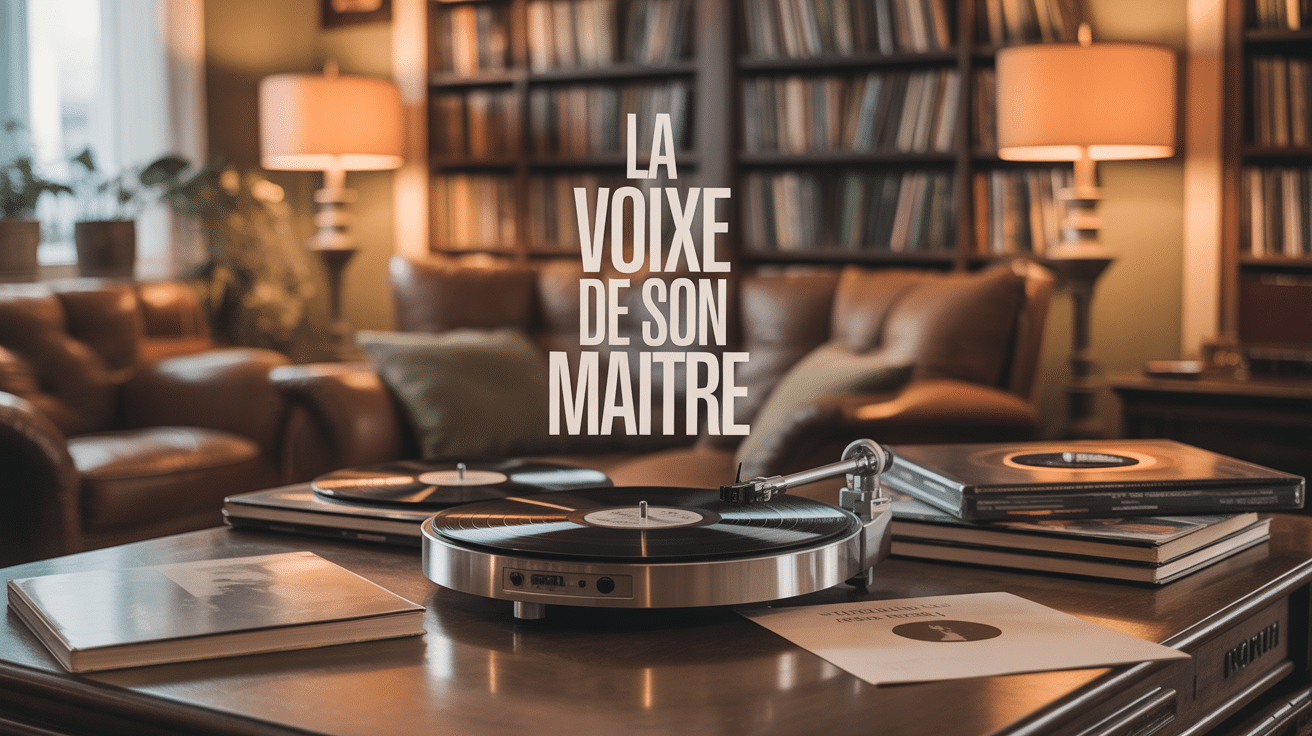 Tourne disque La Voix de son Maître sur table bois vinyles retro