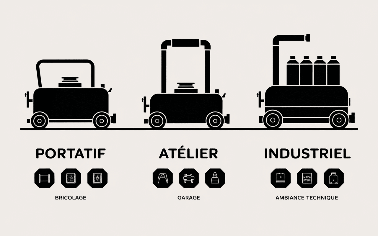 Trois types de compresseurs tailles cuves usages atelier industriel