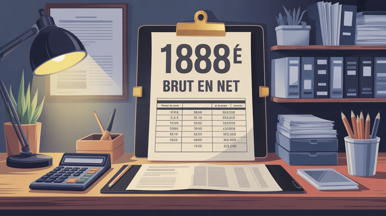 Fiche de paie 1888€ brut en net sur bureau moderne