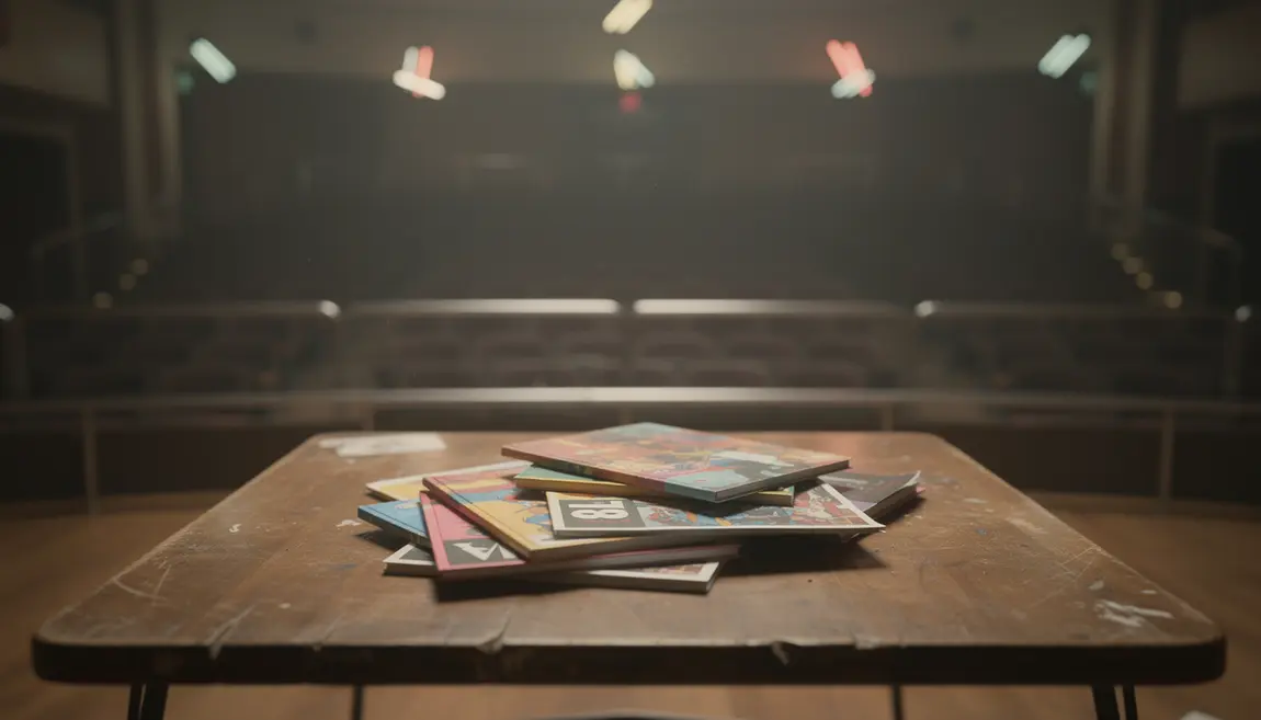 Pile de livres affiches Annulé sur table, salle vide