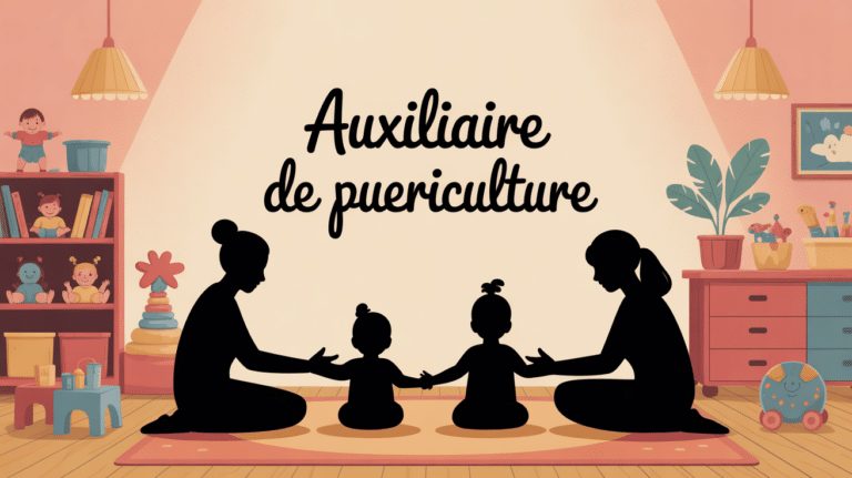 Illustration auxiliaire de puericulture en creche jouant avec enfants