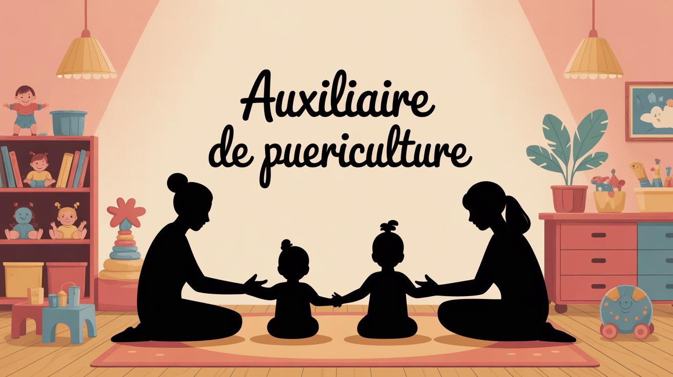 Illustration auxiliaire de puericulture en creche jouant avec enfants