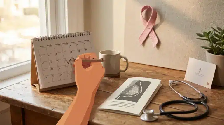 Calendrier main coche jour, mammographie, ruban rose, prévention cancer du sein