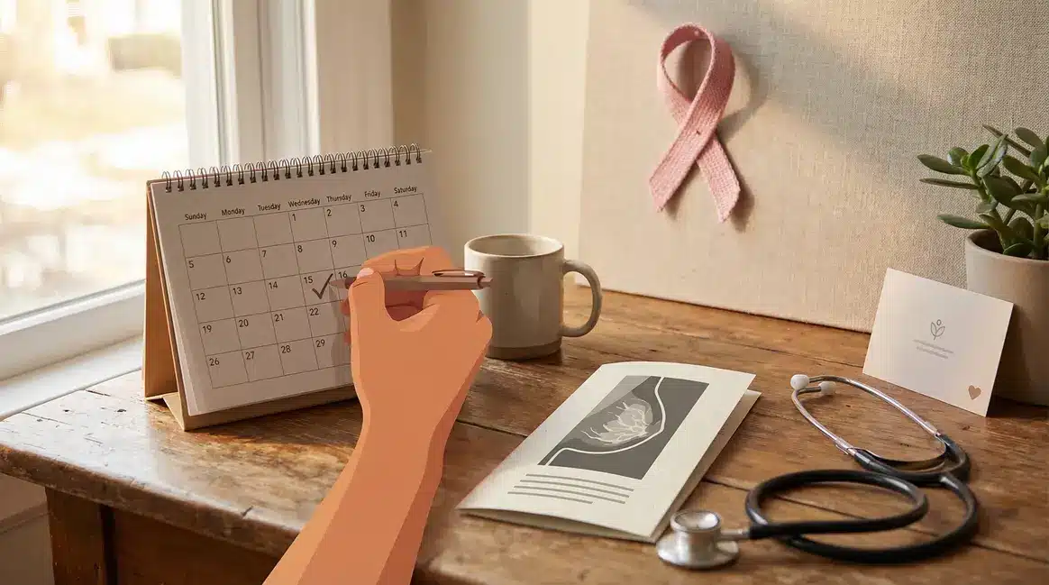 Calendrier main coche jour, mammographie, ruban rose, prévention cancer du sein