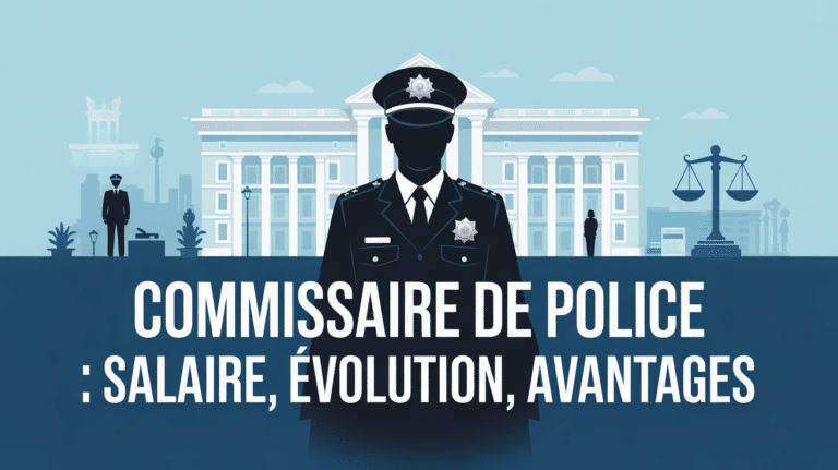 Commissaire de police devant bâtiment officiel, balance justice, texte grand format