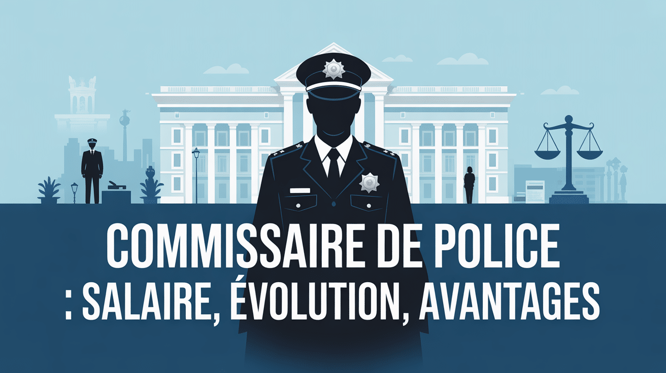 Commissaire de police devant bâtiment officiel, balance justice, texte grand format