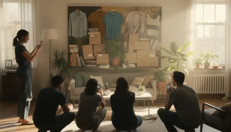 Personnes recreent oeuvre d art avec objets quotidiens dans salon lumineux