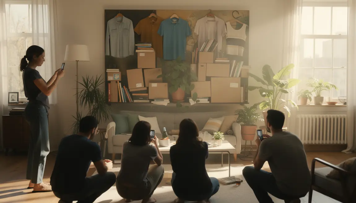 Personnes recreent oeuvre d art avec objets quotidiens dans salon lumineux
