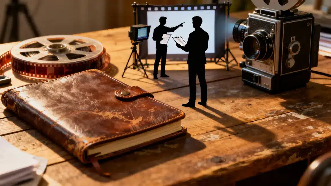 Table de travail réalisateur, camera, carnet, symbole influence cinéma