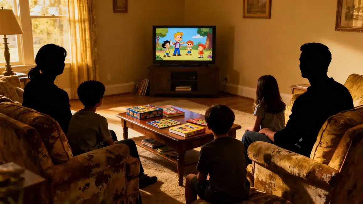 Famille réunie devant un dessin animé