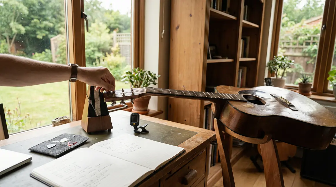 Guitare sur stand et accessoires apprentissage guitare