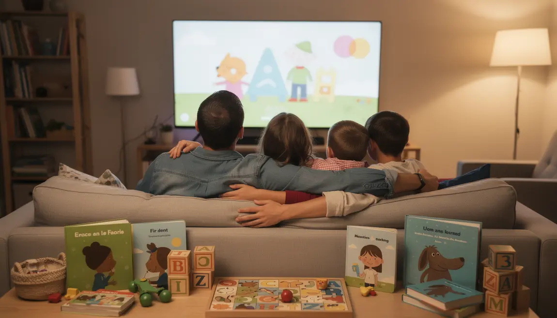 Famille réunie devant écran avec dessins animés et livres